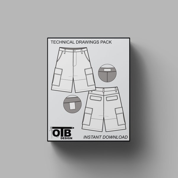 Cargo Shorts Flat Technical Drawing Illustration Five Pocket Classic Blank Streetwear Mock-up Template for Design and Tech Packs CAD Outdoor