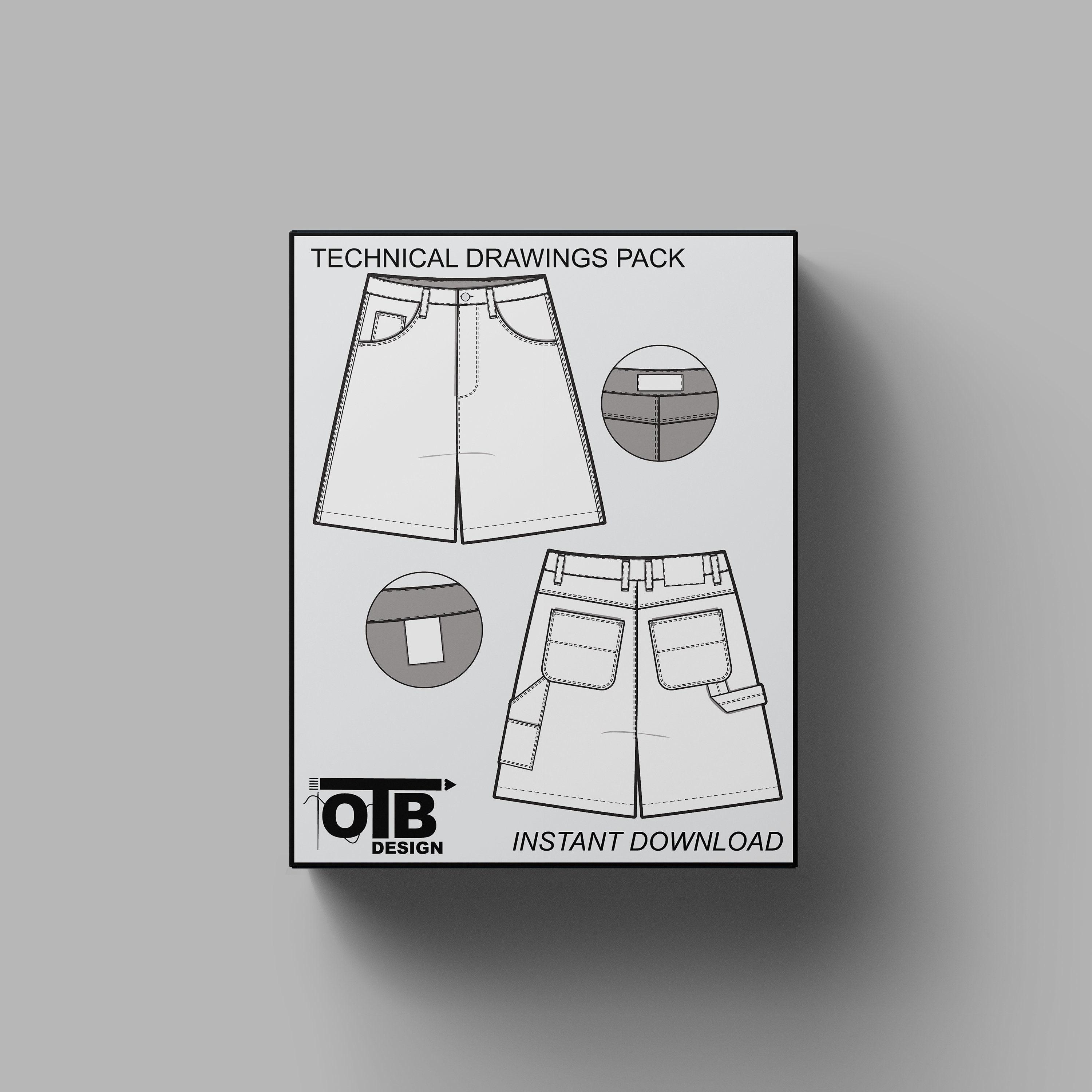 Short Carpenter Shorts Vector Flat Technical Drawing Illustration