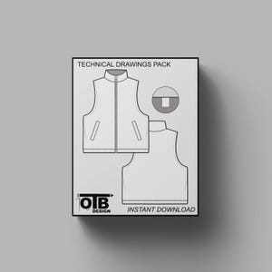 Può includere: Pacchetto di disegni tecnici per un gilet bianco con chiusura a zip. Il pacchetto include una vista frontale e una vista posteriore del gilet. Il testo "OTB DESIGN" e "INSTANT DOWNLOAD" si trova nella parte inferiore dell'immagine.