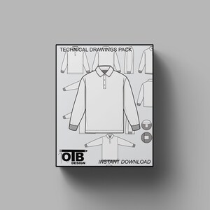 Polo de Rugby Manga Longa Gola Vetor Plano Desenho Técnico Ilustração Modelo de Maquete em Branco para Pacotes de Tecnologia de Design Esboço Técnico CAD