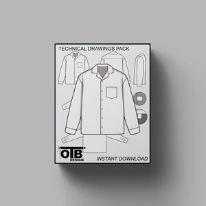 Camp Button Shirt Long Sleeve Vector Flat Technical Drawing Illustration Blank Mock-up Template for Design Tech Packs CAD Technical Sketch