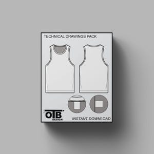 Puede incluir: Paquete de dibujos técnicos para una camiseta sin mangas. El paquete incluye dos vistas de la camiseta, una vista frontal y una vista posterior. Los dibujos están en blanco y negro y muestran las costuras y los detalles de la camiseta. El texto "TECHNICAL DRAWINGS PACK" y "INSTANT DOWNLOAD" está incluido en la imagen.
