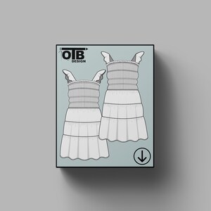 Vestido OTB con volantes y capas fruncidas, dibujo técnico plano vectorial, boceto clásico en blanco, plantilla de maqueta, diseño, paquete técnico CAD