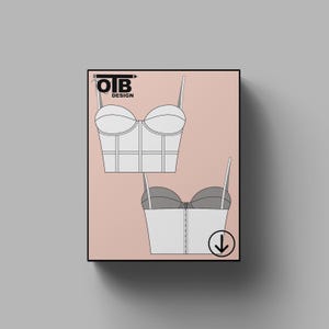 May include: A digital illustration of two white crop tops with straps. The top on the left has a grey band across the bust. The top on the right has a grey band across the bust and a grey band across the bottom. The image includes the text "OTB DESIGN" and a download arrow.