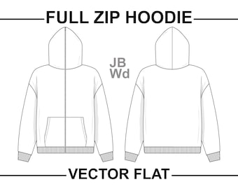 Open Full Zip Hoodie Sweatshirt Flat Technical Drawing | Etsy