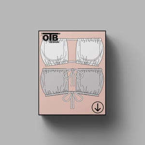 Bikini cuadrado OTB con cordón drapeado, dibujo técnico plano vectorial, boceto clásico en blanco, plantilla de maqueta, diseño, paquete técnico CAD