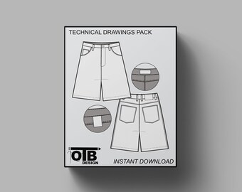 Loose Fit Above Knee Jean Shorts Vector Flat Technical Drawing Illustration Blank Streetwear Mock-up Template Tech Pack CAD Denim Baggy