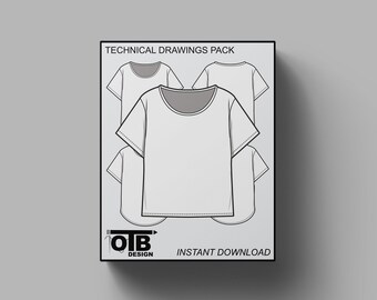 U-Ausschnitt T-shirt Vektor Flache Technische Zeichnung Illustration Kurzarm Leer Streetwear Mock-up Template Design Tech Pack Top Bearbeitbar