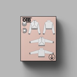 May include: A digital illustration of a white cropped sweatshirt with a mock neck and a zipper. The sweatshirt has a small pocket on the front. The illustration shows the sweatshirt from the front, back, and side views.