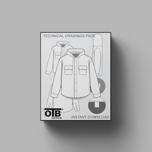 May include: Technical drawings pack for a hooded shirt with button closure. The image shows two different views of the shirt. The text "Technical Drawings Pack" and "Instant Download" are visible on the image.