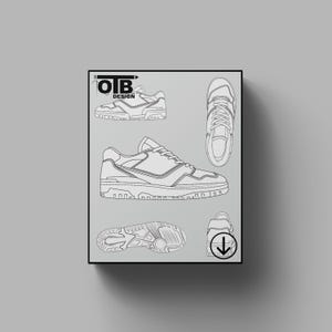May include: A framed illustration showing different perspectives of a sneaker design. The design is displayed from the side, top, bottom, and a smaller side view. The text "OIB DESIGN" is at the top left, and a downward arrow is at the bottom right.