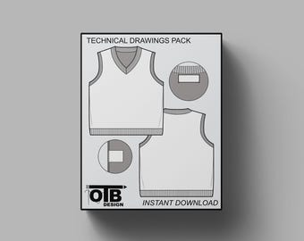 V2 Regular Fit V-neck Sweater Vest Flat Vector Technical Drawing Illustration Mock-up Template design Tech Pack Fashion CAD Streetwear