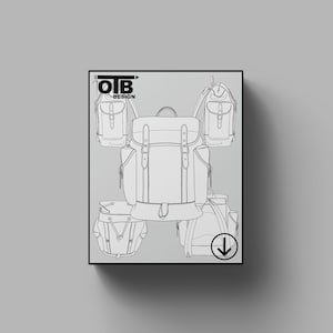 Puede incluir: Ilustración en blanco y negro de varias mochilas. La mochila central tiene cierre de solapa, bolsillos laterales y correas ajustables. La imagen incluye el texto "OIB DESIGN" y una flecha hacia abajo.