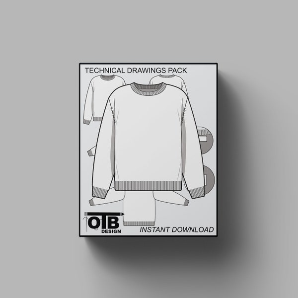 Crewneck Sweater Flat Vector Technical Drawing Illustration Mock-up Template for Design Tech Pack Fashion CAD streetwear Editable