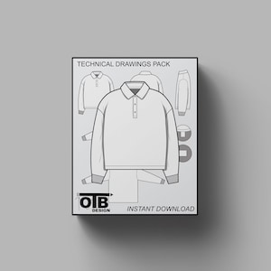 Oversized Rugby Polo Long Sleeve Collared Vector Flat Technical Drawing Illustration Blank Mock-up Template Design Tech Pack CAD Sketch