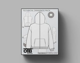 Full Zip Hoodie Sweatshirt Flat Technical Drawing Illustration Blank Streetwear Mock-up Template Design Tech Pack CAD Editable Regular Fit