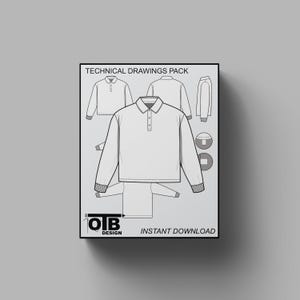 Przycięty Rugby Polo Długi Rękaw Kołnierzyk Wektor Płaski Rysunek Techniczny Ilustracja Pusty Makieta Szablon Projekt i Pakiet Technologiczny Szkic CAD