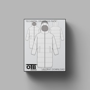 Long Hooded Puffer Jacket Coat Vector Flat Technical Drawing Illustration Blank Mock-up Template Design Tech Pack CAD Streetwear Winter