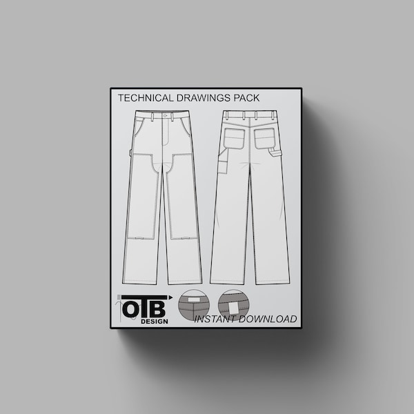 Double Knee Carpenter Pants Flat Technical Drawing Illustration Blank Workwear Streetwear Mock-up Template for Design and Tech Packs CAD