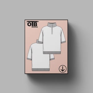 May include: Illustration of two short-sleeved, light gray shirts with a zipper collar and ribbed hem. The image is on a pink background with the text "OIB DESIGN" and a downward arrow.
