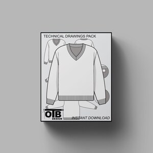 V2 V-neck Sweater Flat Vector Technical Drawing Illustration Mock-up Template Design Tech Pack Fashion CAD Editable Winter