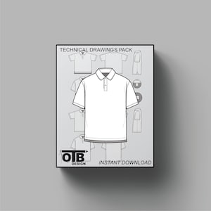 Op de afbeelding: Technische tekening van een wit poloshirt met kraag en knopen, onderdeel van een "TECHNISCHE TEKENINGEN PACK". De afbeelding bevat extra schetsen van shirts en broeken, met de tekst "INSTANT DOWNLOAD" en het "OB DESIGN" logo.