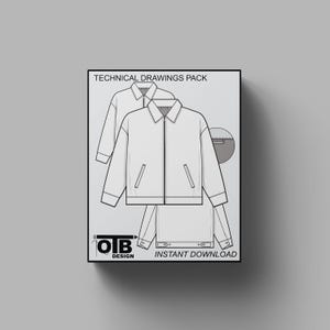 May include: Technical drawings pack for a jacket with a zipper closure, two pockets, and a collar. The image includes the text "Technical Drawings Pack" and "OTB Design" with the logo of the company. The text "Instant Download" is also included.