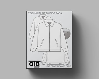 Collared zip work jacket flat technical drawing illustration mock-up template for design and tech packs vector CAD streetwear