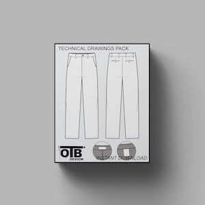 Może przedstawiać: Pakiet rysunków technicznych dla spodni, przedstawiający widok z przodu i z tyłu. Na obrazku widoczny jest tekst "TECHNICAL DRAWINGS PACK" i "INSTANT DOWNLOAD". Widoczne jest również logo OTB DESIGN.
