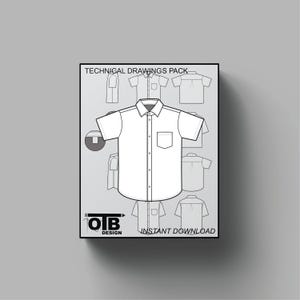 May include: A black and white technical drawing pack showcasing shirt designs. The pack includes a detailed illustration of a white button-down shirt with a pocket. Text on the image reads "TECHNICAL DRAWINGS PACK" and "INSTANT DOWNLOAD". The OTB Design logo is also visible.