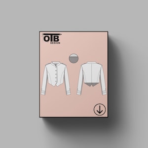 May include: A white cropped jacket with a mandarin collar and button fastening. The jacket has long sleeves and a slightly fitted silhouette. The image also includes a download icon.