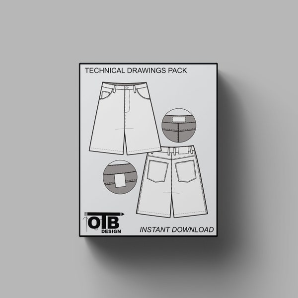 Jean Shorts Flat Technical Drawing Illustration Five Pocket Classic Blank Streetwear Mock-up Template for Design and Tech Packs CAD Denim