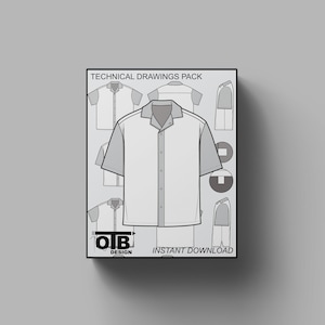 May include: Technical drawings pack for a shirt with a button-down collar and short sleeves. The pack includes multiple views of the shirt, including front, back, and side views. The text "OTB DESIGN" and "INSTANT DOWNLOAD" is visible on the image.