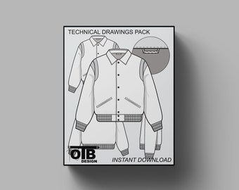 Veste universitaire rétro à col court, illustration vectorielle à plat de dessin technique, modèle de maquette vierge, pack technique CAO Letterman