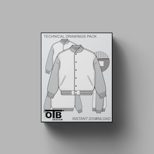 Button Varsity Jacket Vector Flat Technical Drawing Illustration Blank Mock-up Template Design Tech Pack CAD Streetwear Letterman