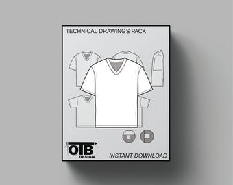 V-Ausschnitt T-Shirt Vektor Flache Technische Zeichnung Illustration Kurzarm Leer Streetwear Mock-up Template Design Tech Pack Bearbeitbar
