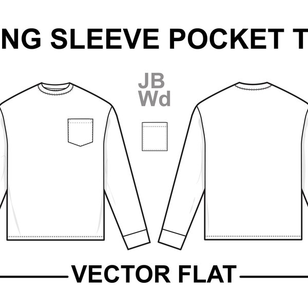 Long Sleeve Pocket T-shirt Flat Technical Drawing CAD Illustration Short Sleeve Blank Streetwear Mock-up Template for Design and Tech Packs