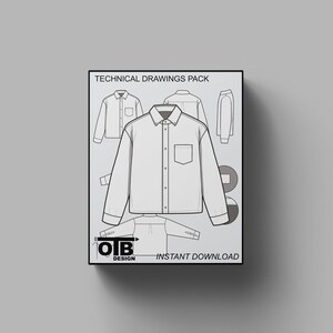 Camisa Oxford corta con botones y cuello, manga larga, dibujo técnico plano vectorial, ilustración, maqueta en blanco, diseño de plantilla, paquete técnico CAD