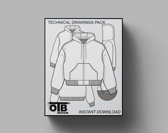 Cropped Hooded Work Jacket Vector Flat Technical Drawing Illustration Blank Mock-up Template Design Tech Pack CAD Workwear Carhartt Style