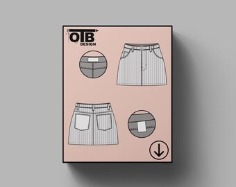 Minifalda OTB con cinturón, ilustración vectorial, dibujo técnico plano, boceto clásico en blanco, plantilla de maqueta, diseño, paquete técnico CAD