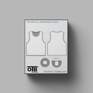 Puede incluir: Paquete de dibujos técnicos para un tanque sin mangas. El paquete incluye dos vistas del tanque, una vista frontal y una vista posterior. Los dibujos están en blanco y negro e incluyen detalles como costuras y puntadas. El texto "OTB DESIGN" y "INSTANT DOWNLOAD" también se incluye en la imagen.