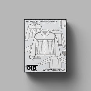 May include: Technical drawings pack for a denim jacket. The pack includes multiple views of the jacket, including front, back, and side views. The drawings are in black and white and are labelled with measurements. The text "OTB DESIGN" and "INSTANT DOWNLOAD" are at the bottom of the image.