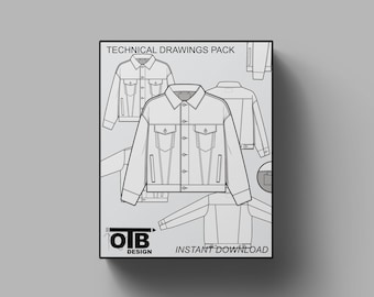 Men / Unisex Jean Denim Jacket Classic Fit Flat Technical Drawing Illustration Blank Mock-up Template Design Tech Packs CAD Technical Sketch