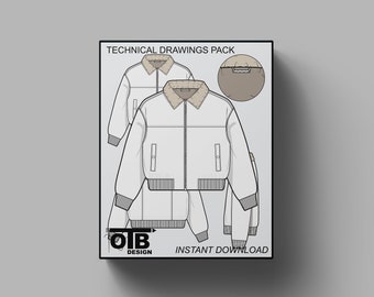 Cropped B-15 Bomber Jacket Vector Flat Flight Sherpa Technical Drawing Illustration Blank Mock-up Template Design Tech Pack CAD Military