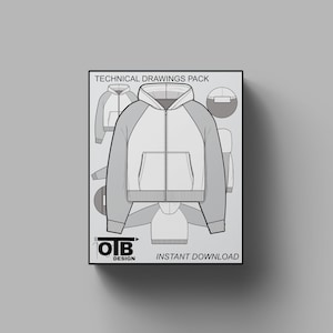 Cropped Zip Raglan Hoodie Sweatshirt Flat Vector Technical Drawing Streetwear Mock-up Template Tech Pack CAD Editable Regular Fit Fashion