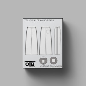 May include: Technical drawings pack for pants with three different views: front, back, and side. The drawings are in black and white and show the details of the pants, including the pockets, waistband, and seams. The text "TECHNICAL DRAWINGS PACK" and "INSTANT DOWNLOAD" is at the top and bottom of the image.