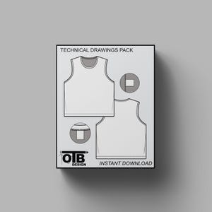 Puede incluir: Paquete de dibujos técnicos para una camiseta sin mangas. El paquete incluye dos vistas de la camiseta, una con la parte delantera y otra con la parte trasera. El texto "OTB DESIGN" y "INSTANT DOWNLOAD" se encuentra en la parte inferior de la imagen.