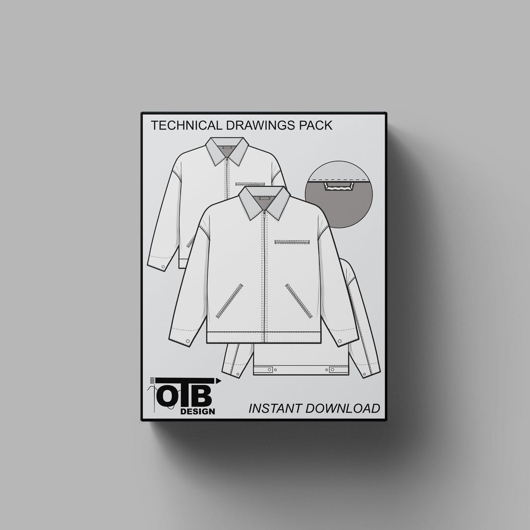 V2 Collared Zip Work Jacket Flat Technical Drawing Illustration