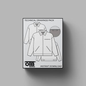 May include: Technical drawings pack for a jacket with a zipper closure, two pockets, and a collar. The image includes the text "Technical Drawings Pack" and "Instant Download".