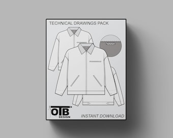 Chaqueta de trabajo con cuello y cremallera V2, plantilla de maqueta de ilustración de dibujo técnico plano para paquete de diseño técnico, ropa de trabajo CAD vectorial editable